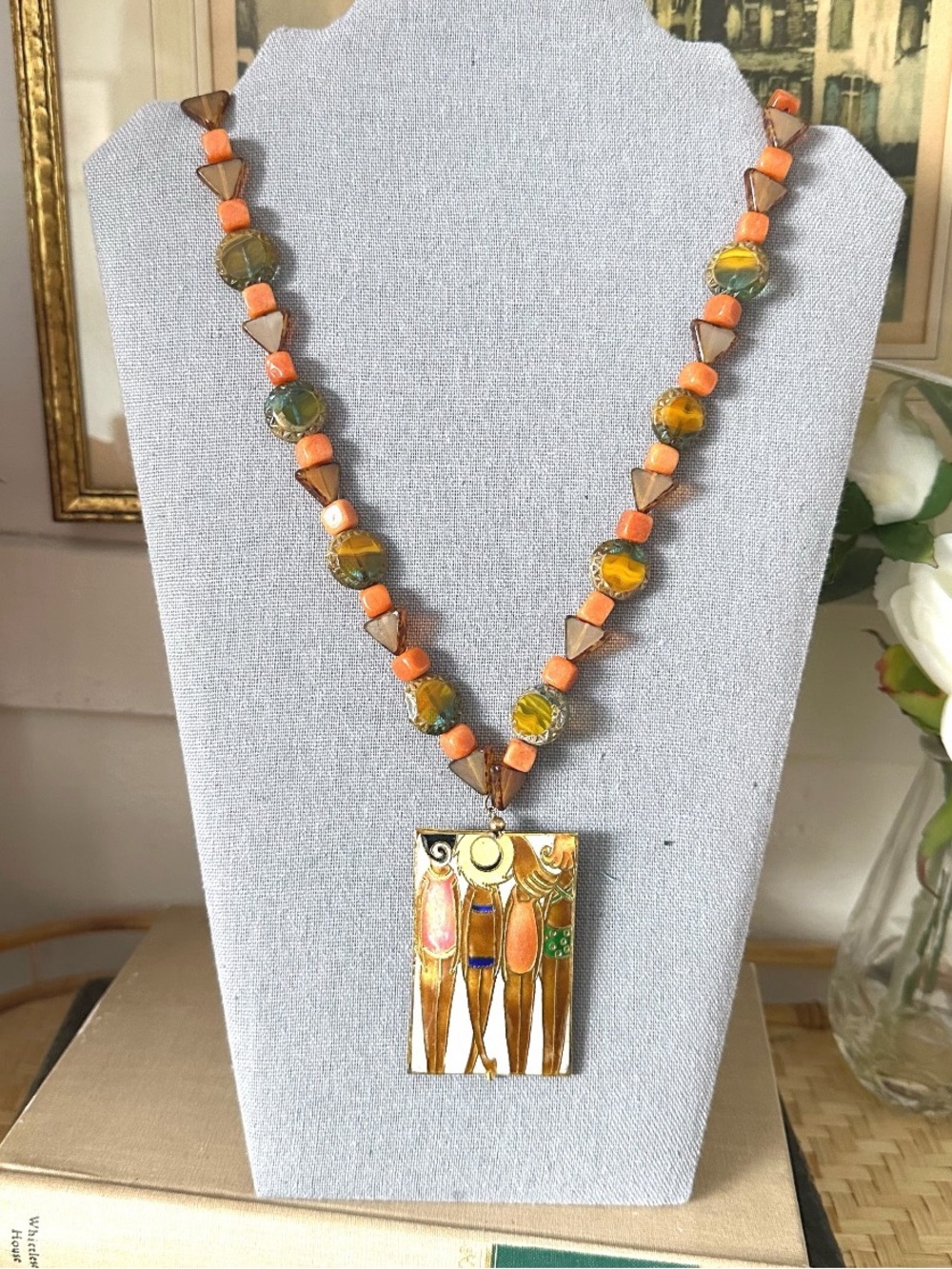 Art Deco Girls at Beach Cloisonne Stone Beaded Necklace Brown & Orange 27” Long